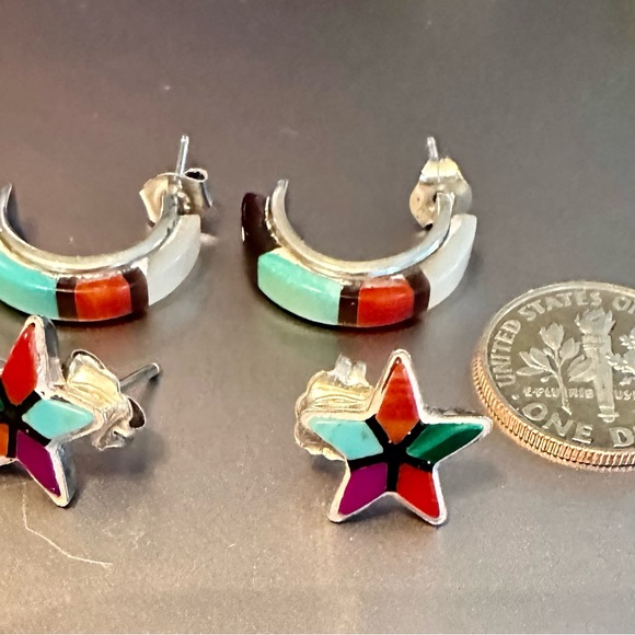 Native American QT multi stone sterling silver stud earrings stars and moons - Picture 2 of 9